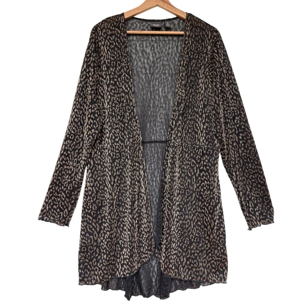 Chicos Travelers Sheer Metallic Gold Black Animal Print Longline Cardigan L (2)